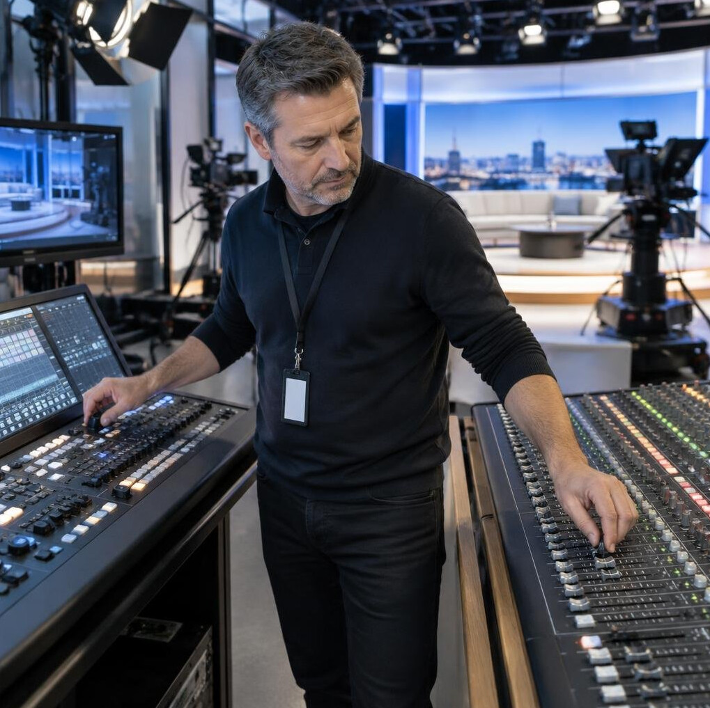 Engineer adjusting studio lights and sound board