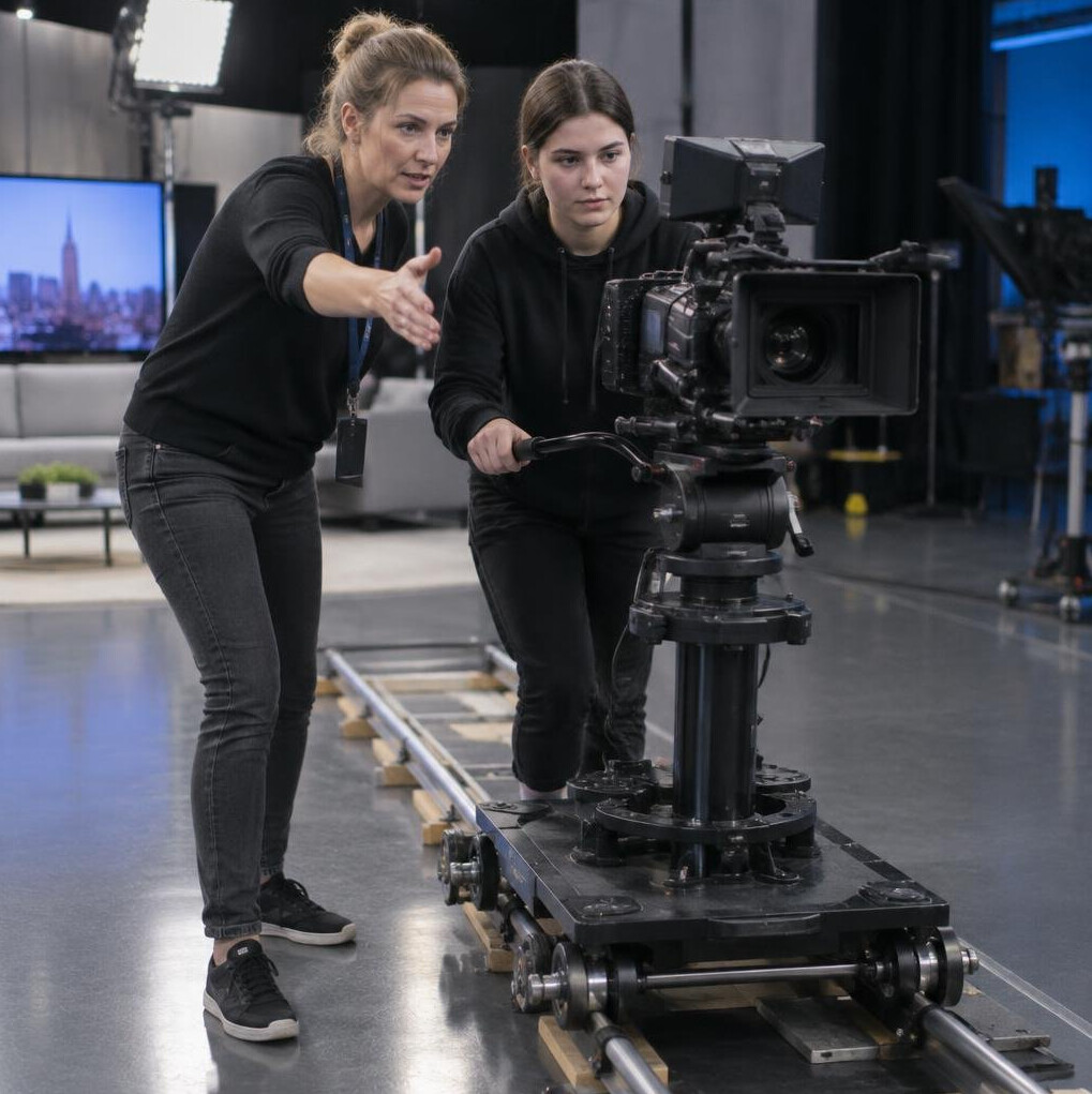Instructor teaching dynamic camera movement on a dolly track