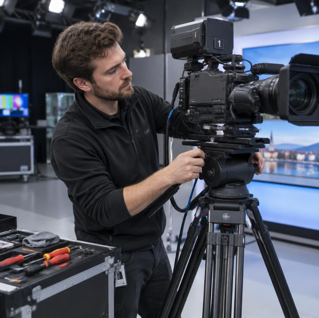 Technician setting up broadcast camera equipment