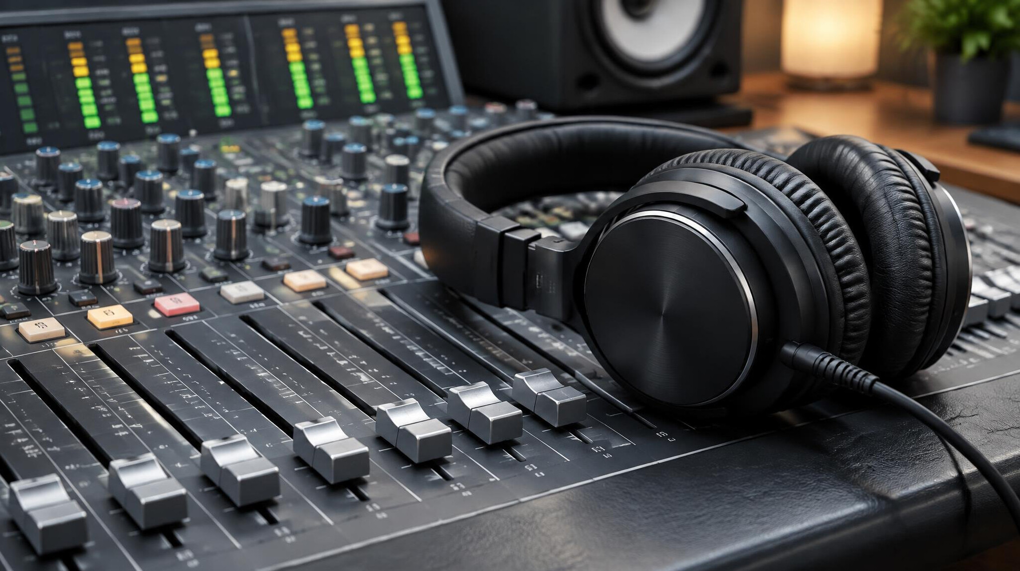 Audio mixing console with headphones in a broadcast studio