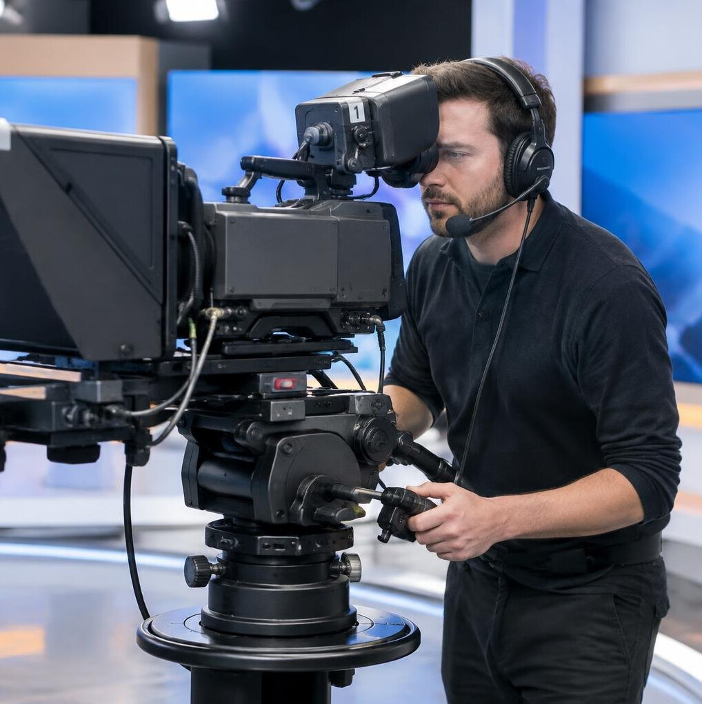 Camera operator filming in a television studio