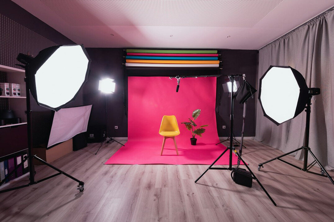 Studio lighting grid with softboxes and light stands