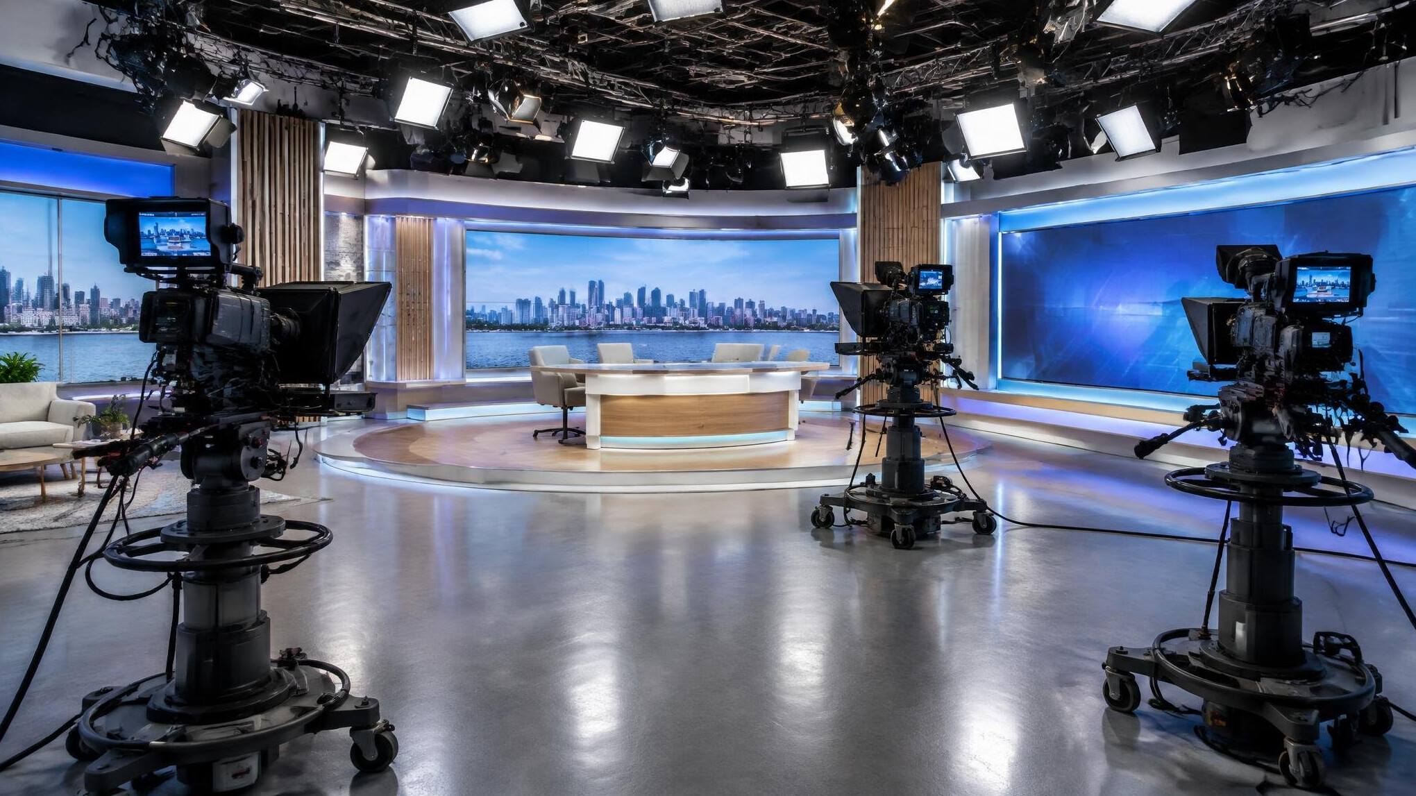 Wide shot of a television studio set with lighting rig